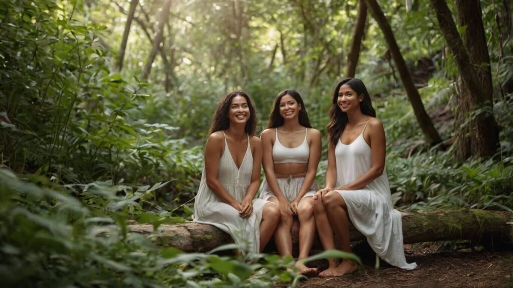 Three women in light clothing taking a nature bath for healing beauty.
