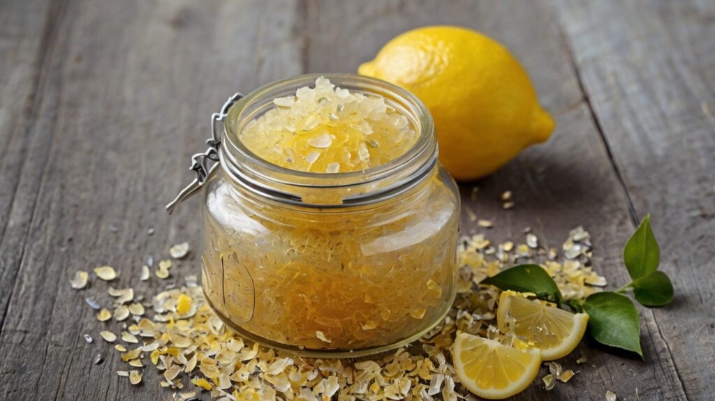 Jar of homemade Epsom salt body scrub with lemon zest.
