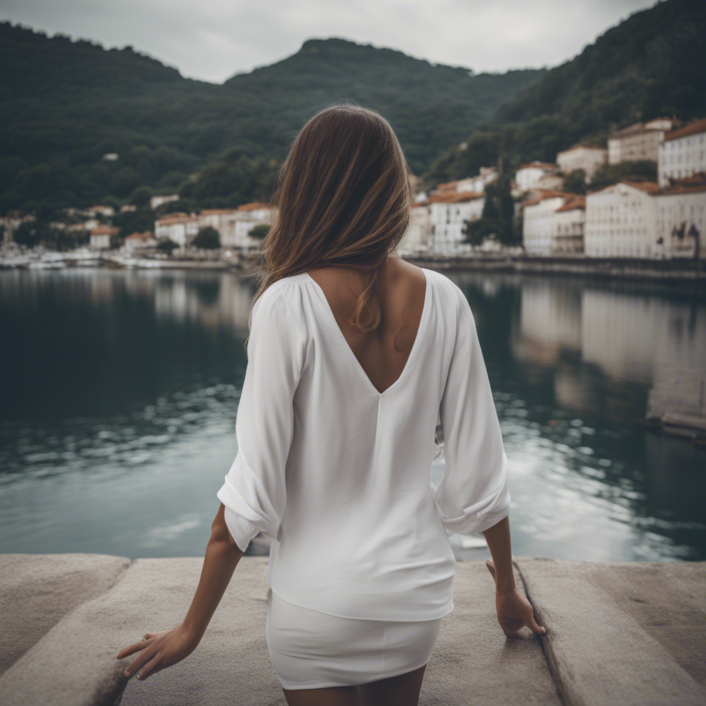Woman from behind looking at a lake with buildings on the shore and mountains in the background. The combination of beauty, health, and spirituality creates harmony!
