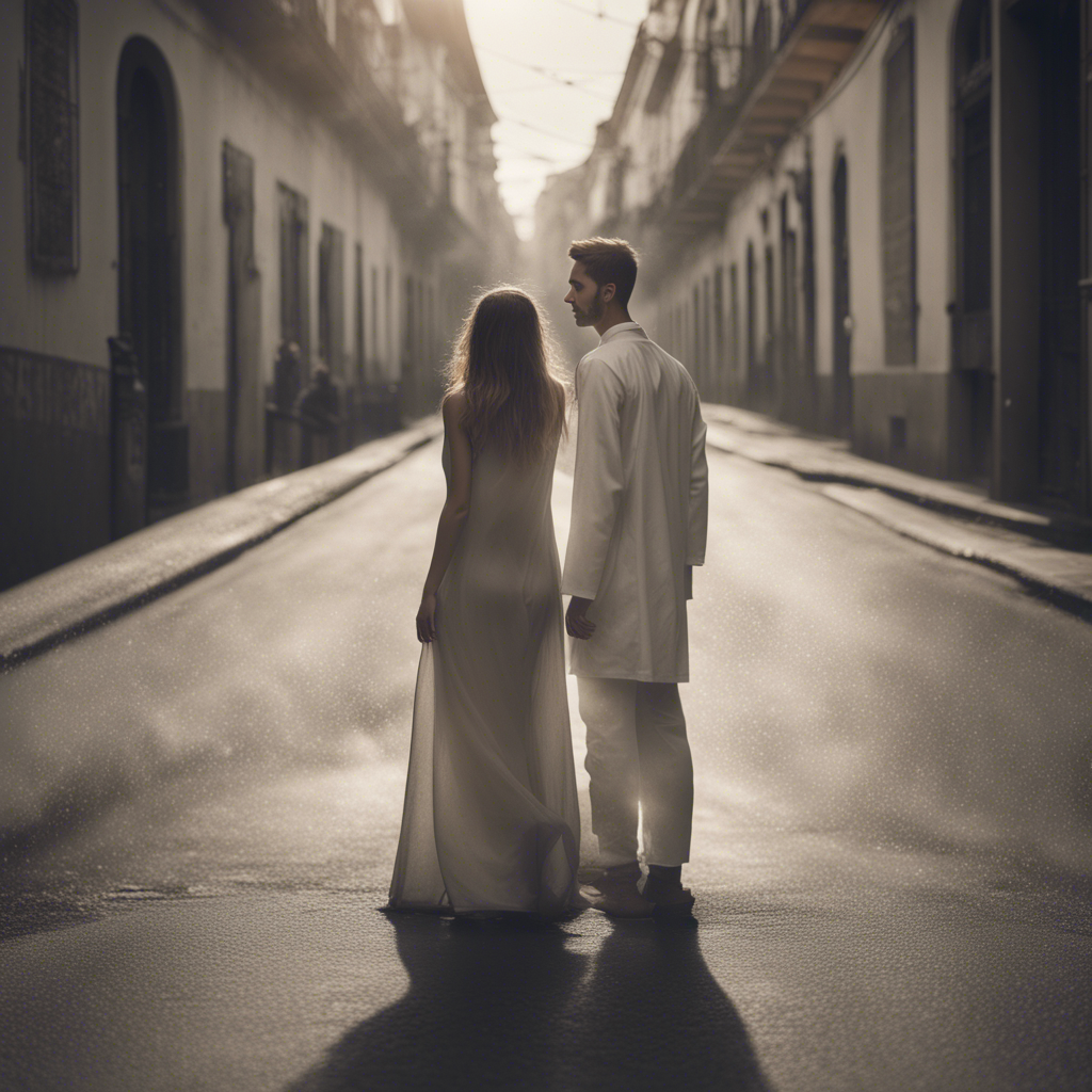 Couple in white clothes made of light fabrics on a cozy street of old houses under a golden light.