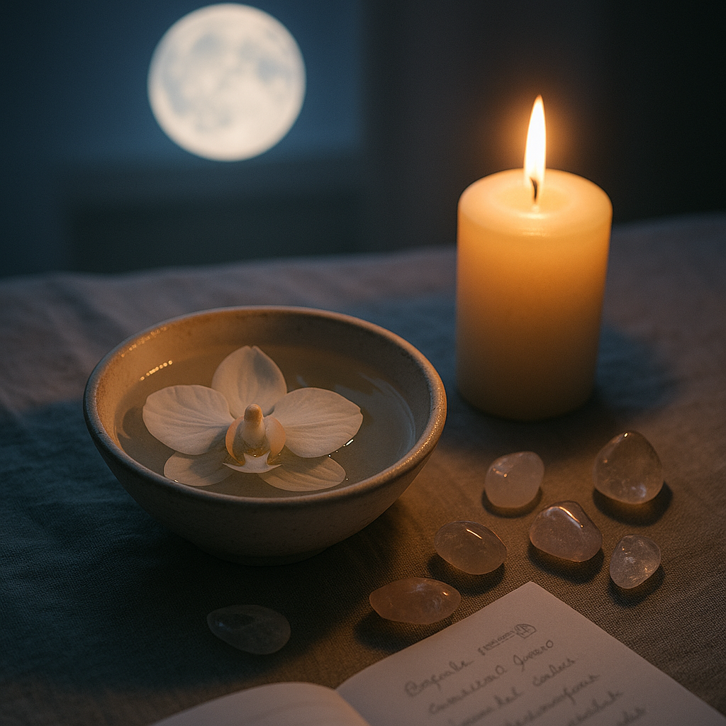 Full moon skincare ritual with crystals and candle for healthy skin!