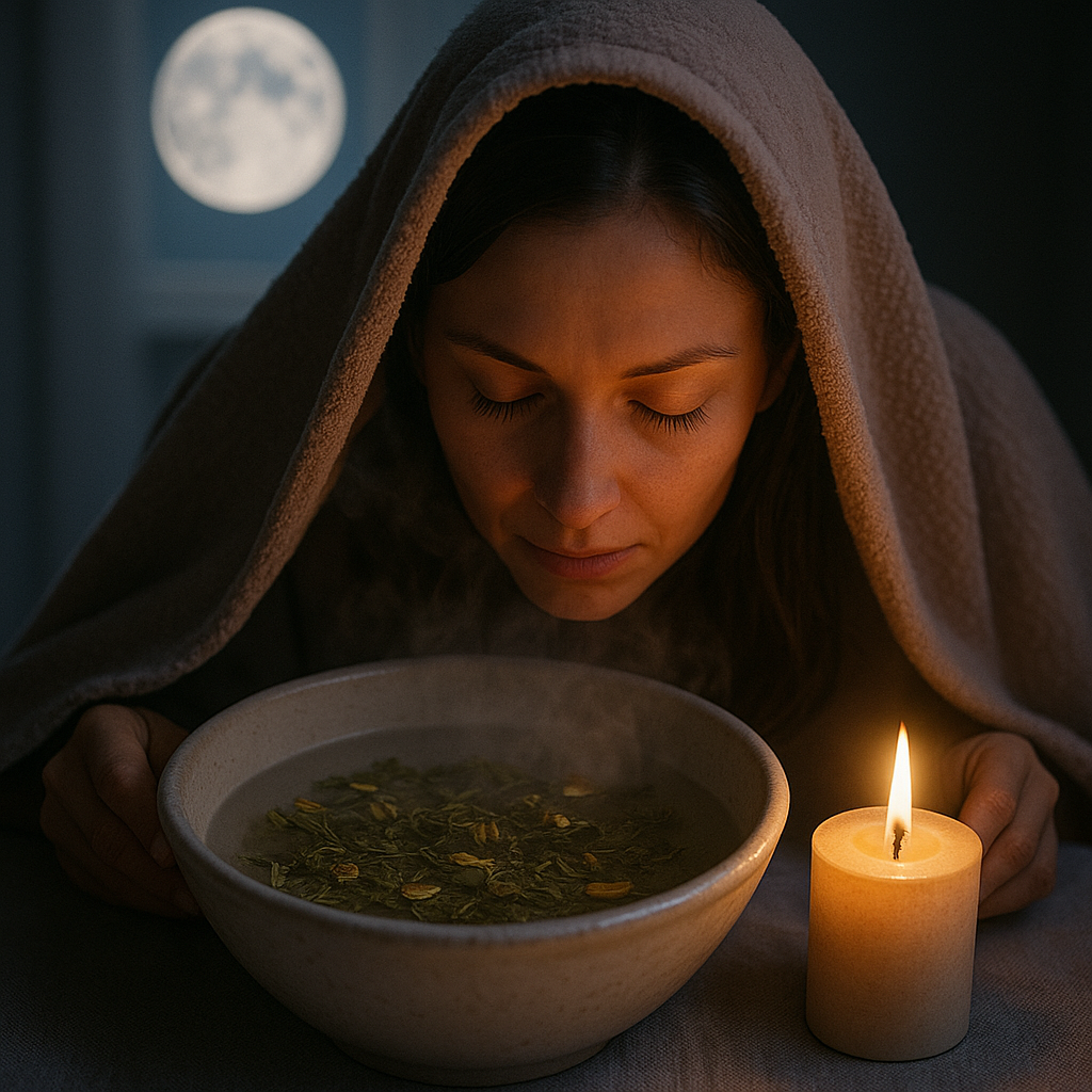 Herbal facial steam for nighttime skin detox.