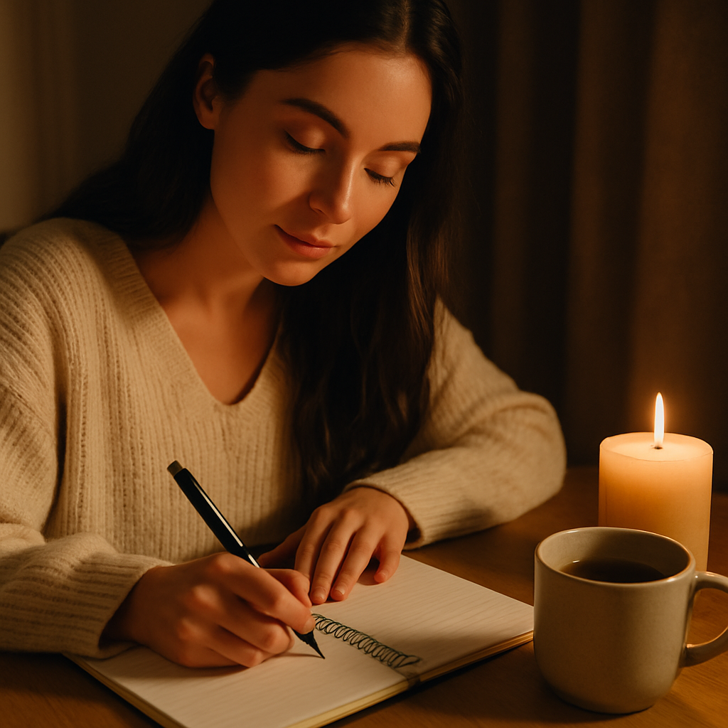 Woman writing in her diary with candle and tea on the table.