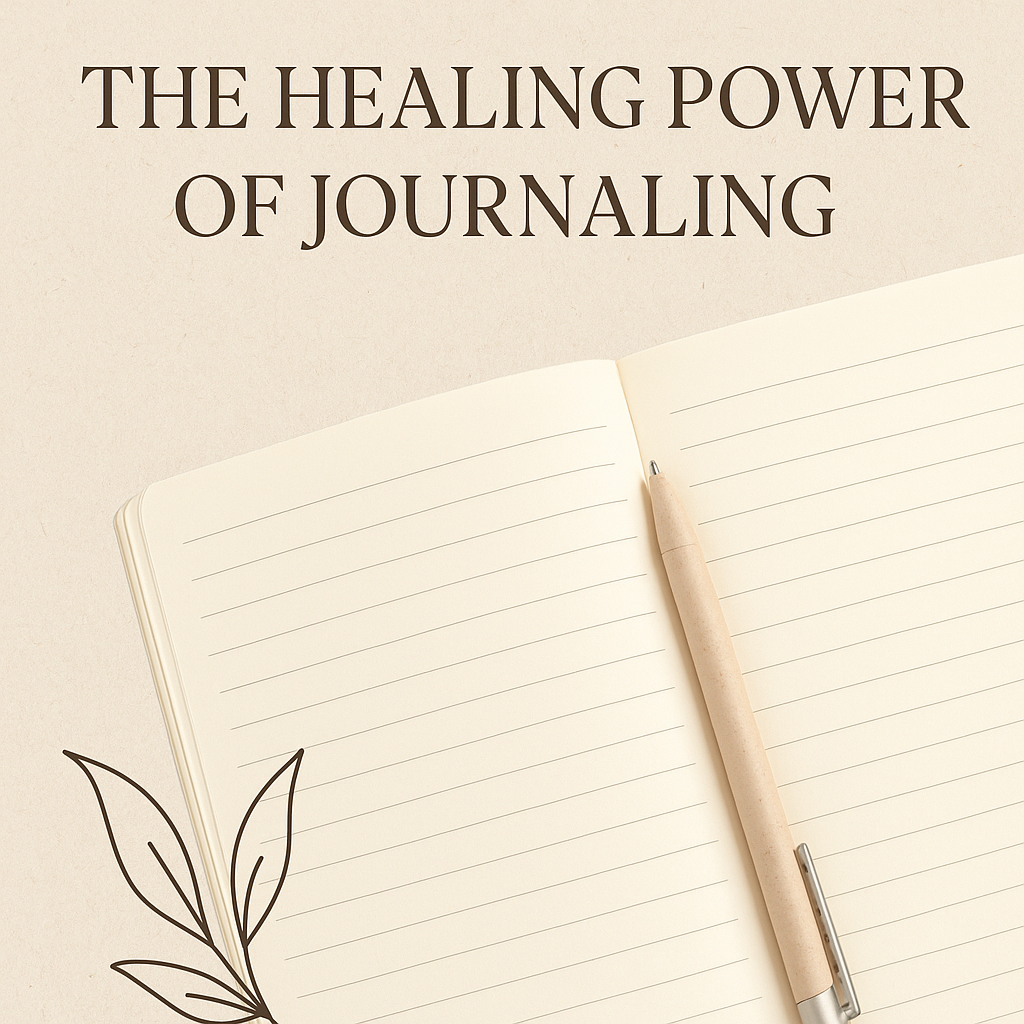Open journal with a pen on top and the title "The Healing Power of Journaling".
