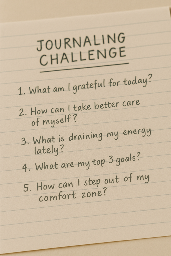 Journaling challenge prompts on paper - List of suggested questions for the journal writing challenge.