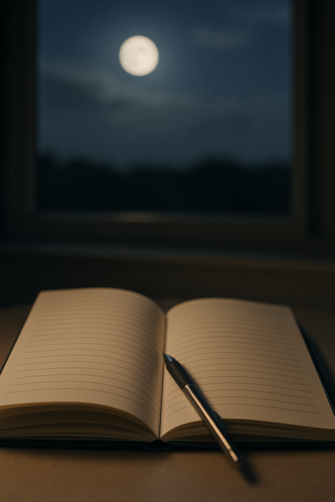 Open diary with moonlight in the background.