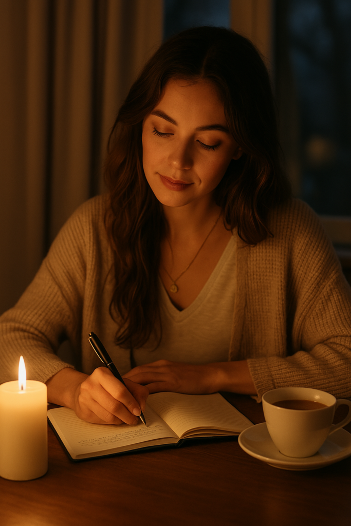 Woman writing in journal with candle and tea.