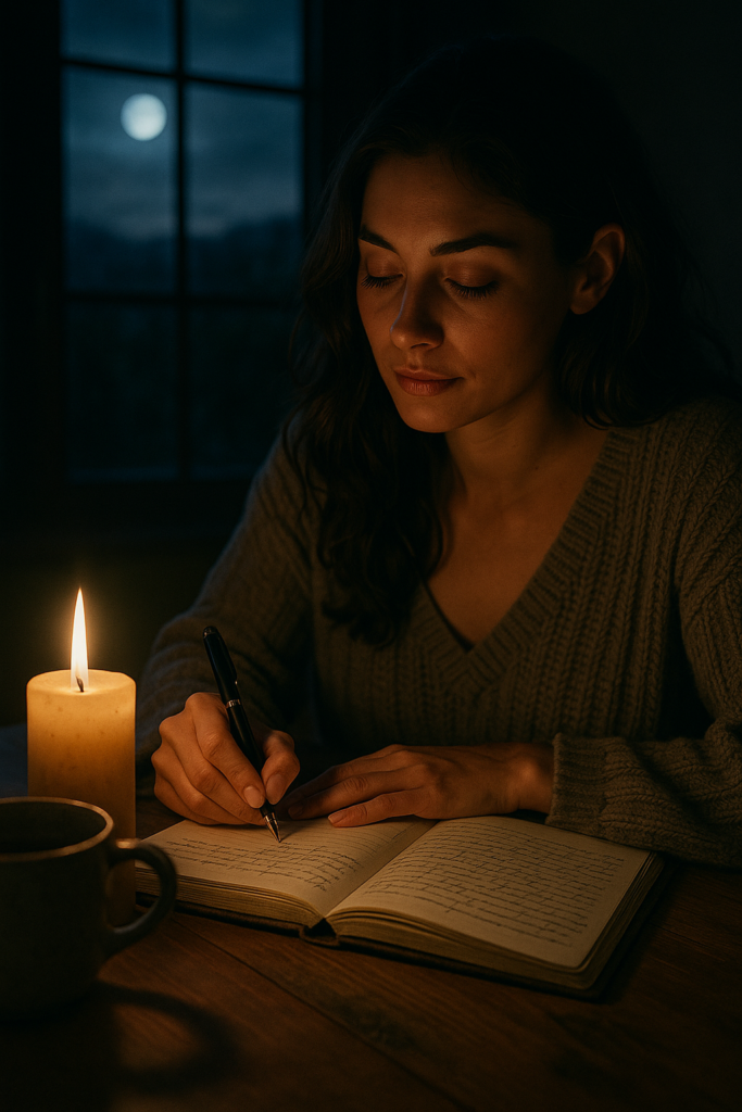 Woman open journal with moonlight in background.