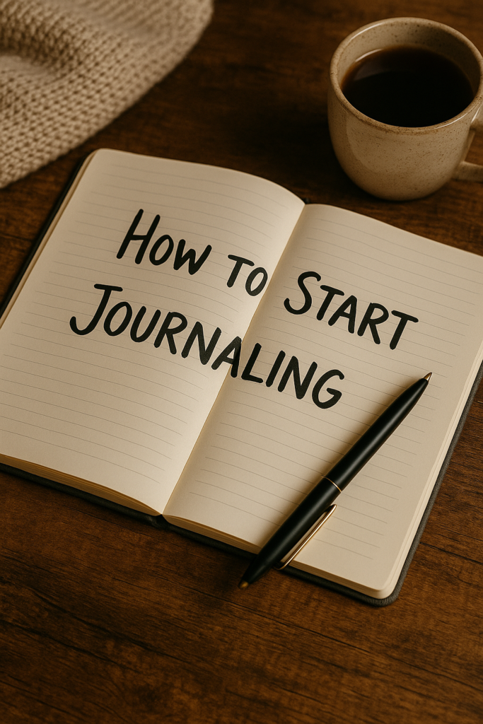 Open journal with pen and coffe.