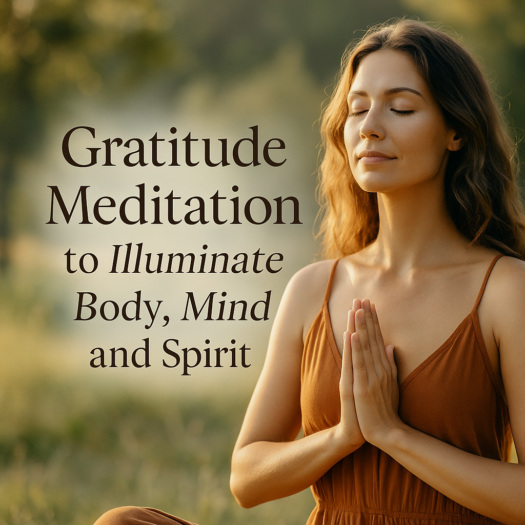 Woman in prayer doing a gratitude meditation to Illuminate Body, Mind and Spirit.