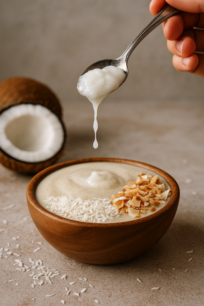 Coconut oil spoon dripped above a creamy coconut‑based smoothie bowl.