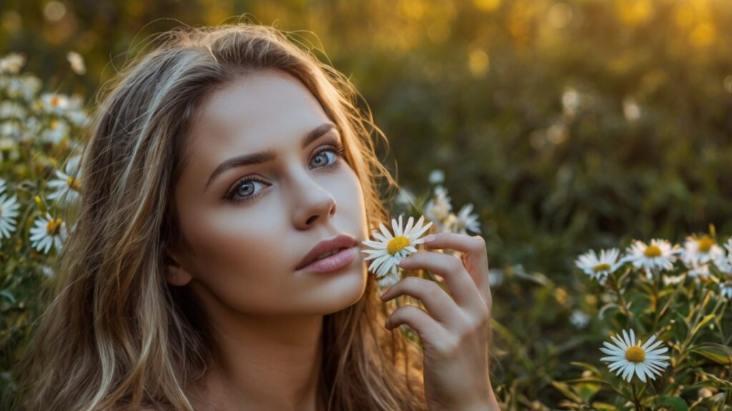 Close-up of a woman's face in a daisy garden, holding a daisy close to her face.