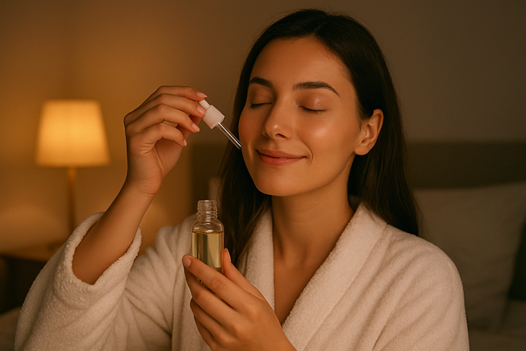 Collagen supplements and herbal tea representing natural evening ritual support.