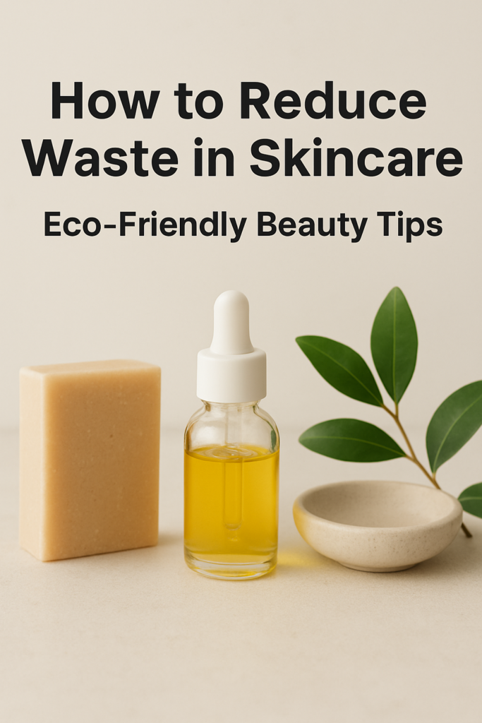 Waterless beauty products like solid soap and facial oil on a minimalist bathroom counter, symbolizing eco-friendly skincare.