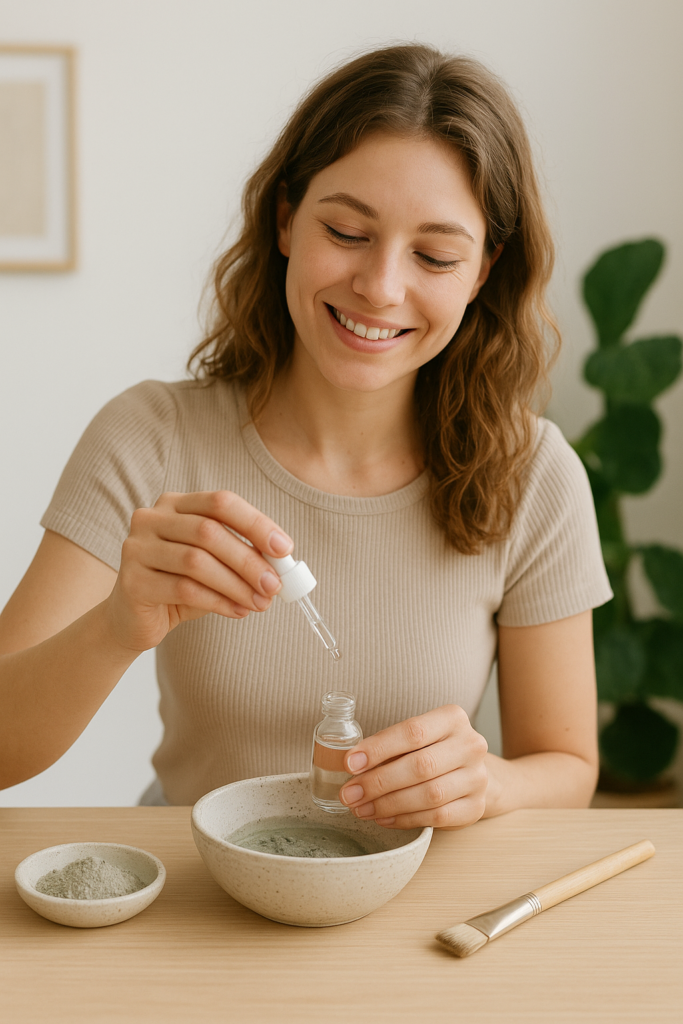 Woman preparing a DIY waterless beauty clay mask at home, symbolizing eco-friendly skincare rituals.