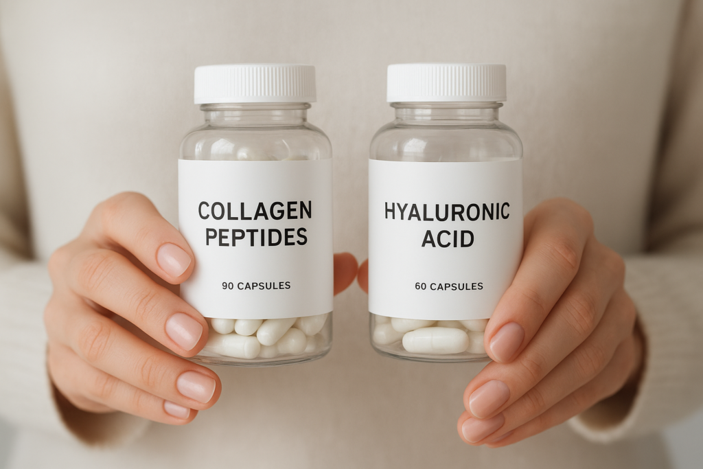 Close-up de mãos femininas segurando dois frascos com rótulos minimalistas “Collagen Peptides” e “Hyaluronic Acid”, transmitindo transparência e escolhas conscientes.