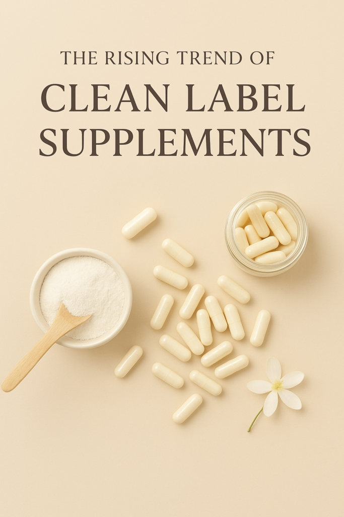 Collagen supplements in capsules and powder with bamboo spoon, symbolizing clean label beauty.
