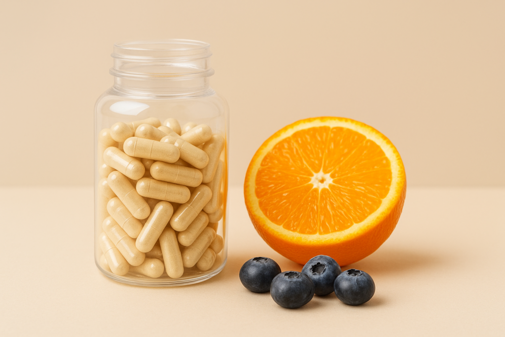 Transparent bottle of clean label capsules next to fresh fruits, representing natural and ethical beauty supplements.