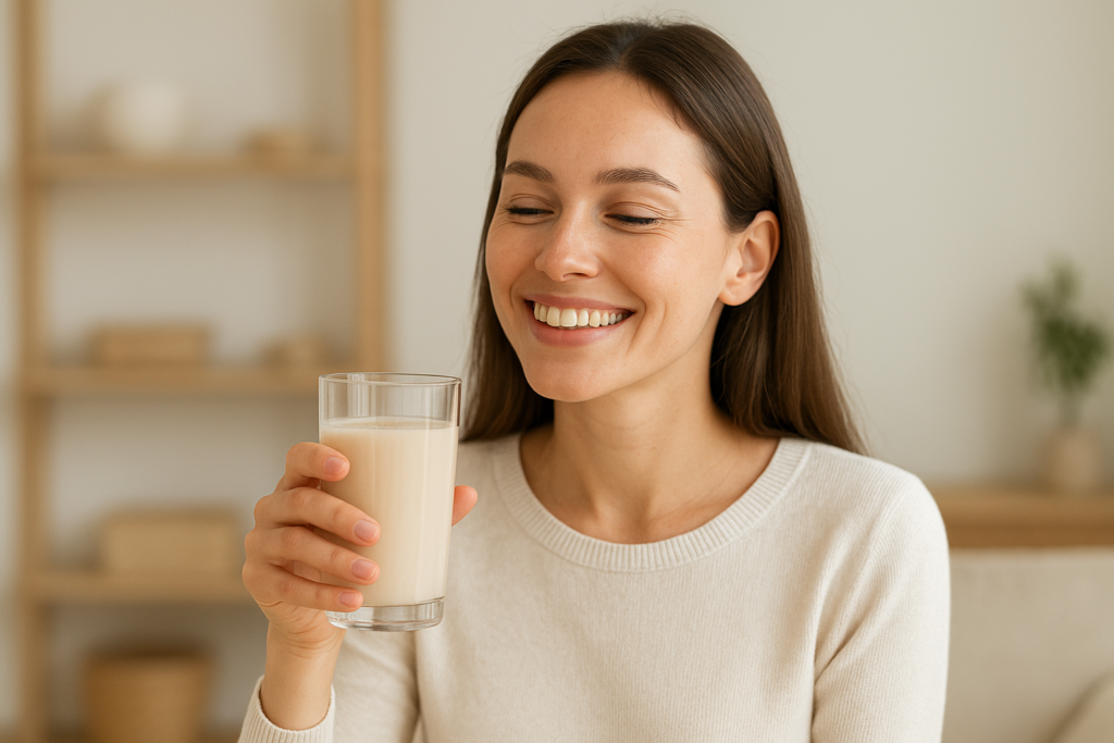 Smiling woman holding a glass of collagen drink, symbolizing radiant skin and wellness benefits.