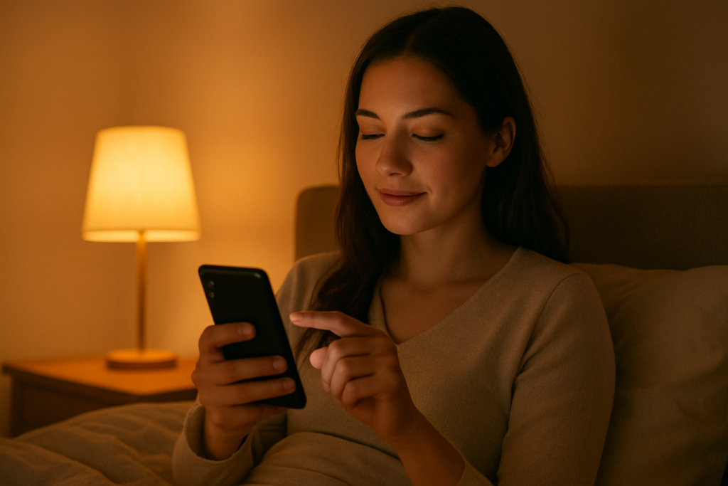 Woman turning off her phone before bedtime as part of digital detox.