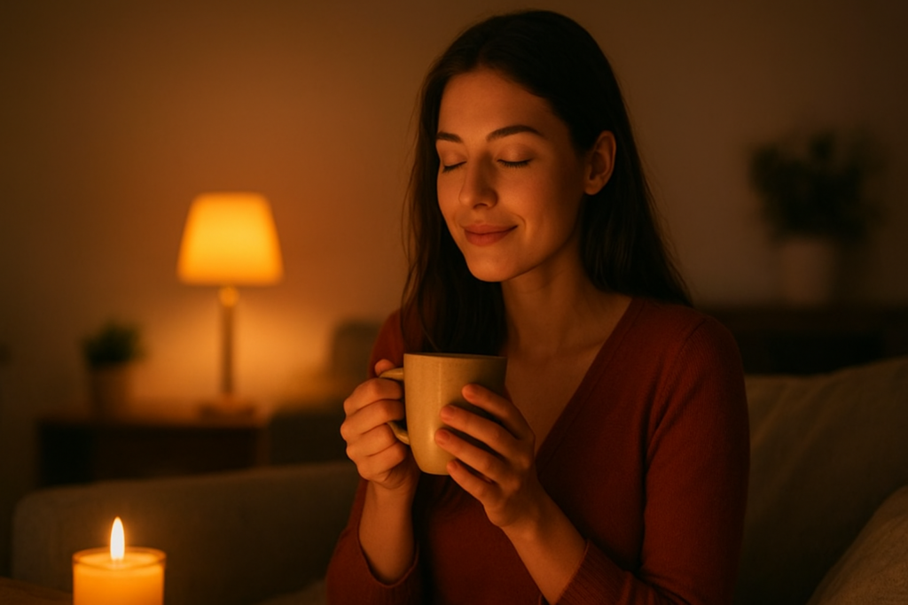Woman enjoying a peaceful evening ritual with soft lighting.