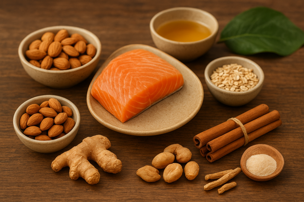 oods rich in natural collagen and amino acids such as salmon, eggs, and leafy greens arranged on a rustic wooden table to highlight inner beauty and gut health.