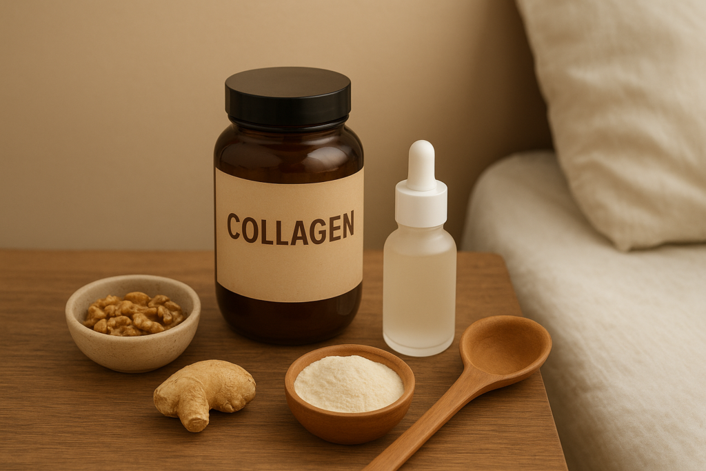 Collagen supplements with herbal tea and skincare products on a bedside table, representing holistic evening rituals for skin and wellness.
