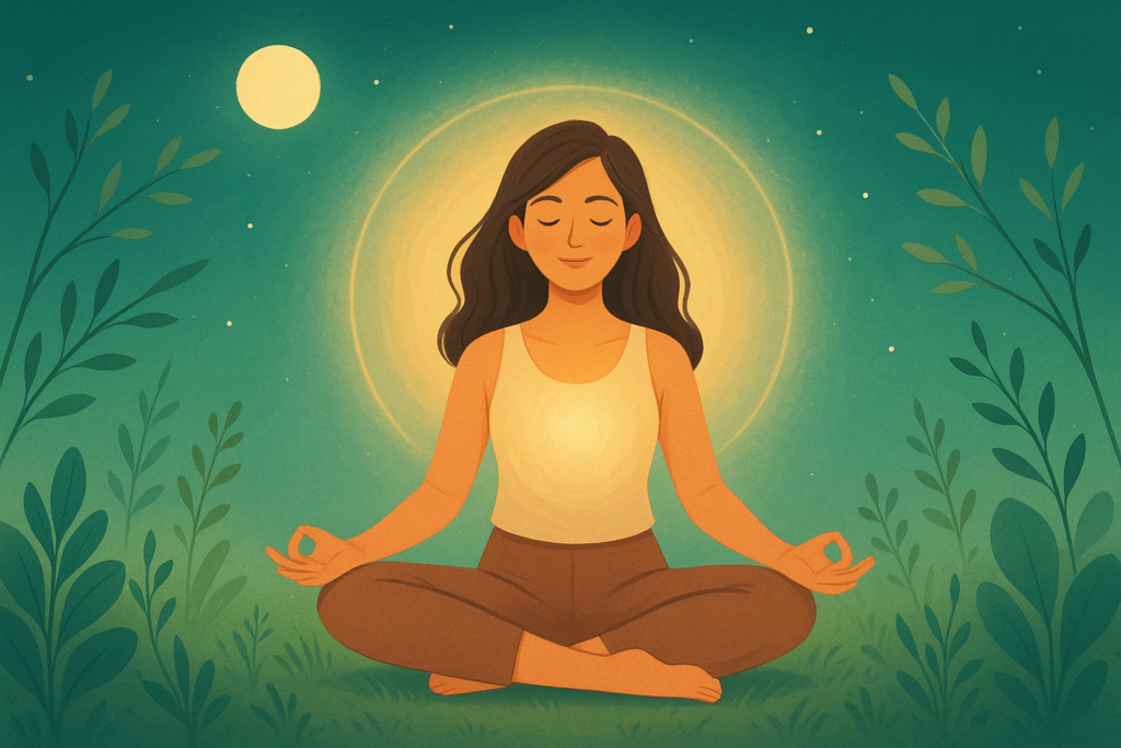 Woman meditating surrounded by gentle light and nature elements, practicing energetic self-care.
