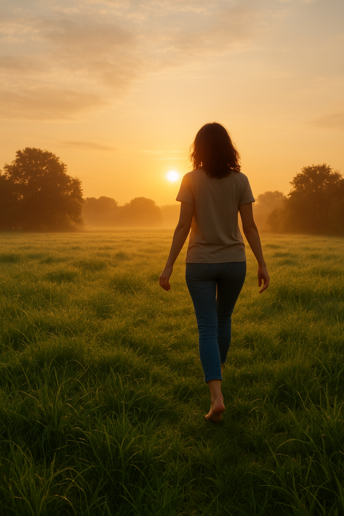 A woman walking barefoot on the grass to recharge her energy. Grounding also is a Energy Cleansing Rituals!