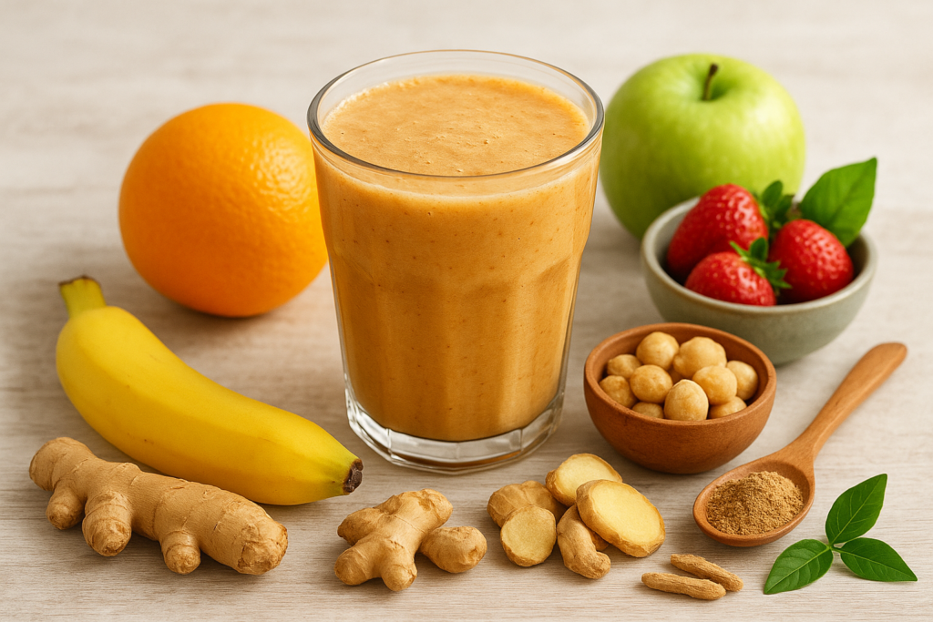 Healthy smoothie with adaptogens such as maca, ginseng, and ashwagandha surrounded by fresh fruits, showcasing natural energy and vitality.