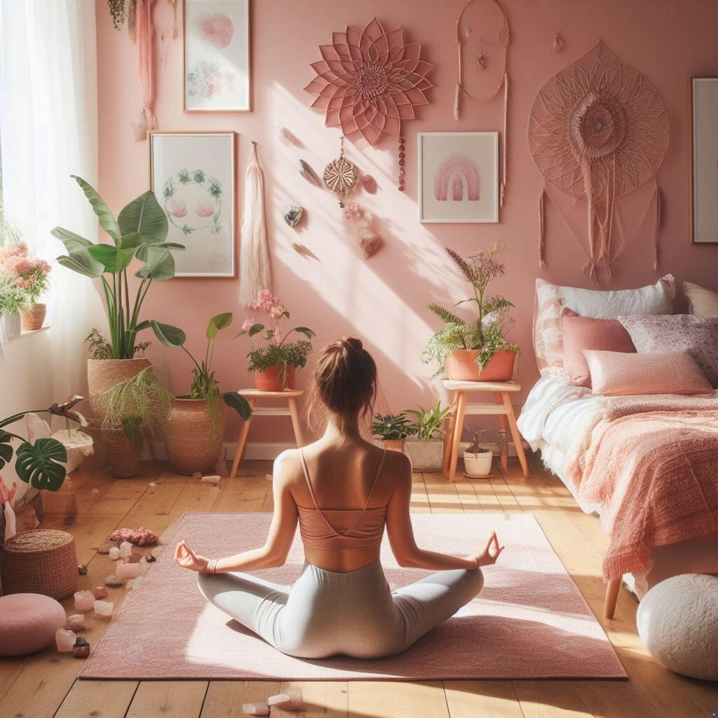 Woman practicing energetic self-care, meditating surrounded by sun light and plants in your bedroom, symbolizing energy balance, peace, and inner healing.