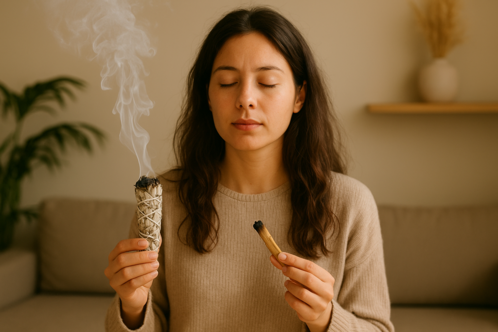 Woman performing a smoke cleansing ritual using sage or palo santo, symbolizing energy purification and emotional renewal.