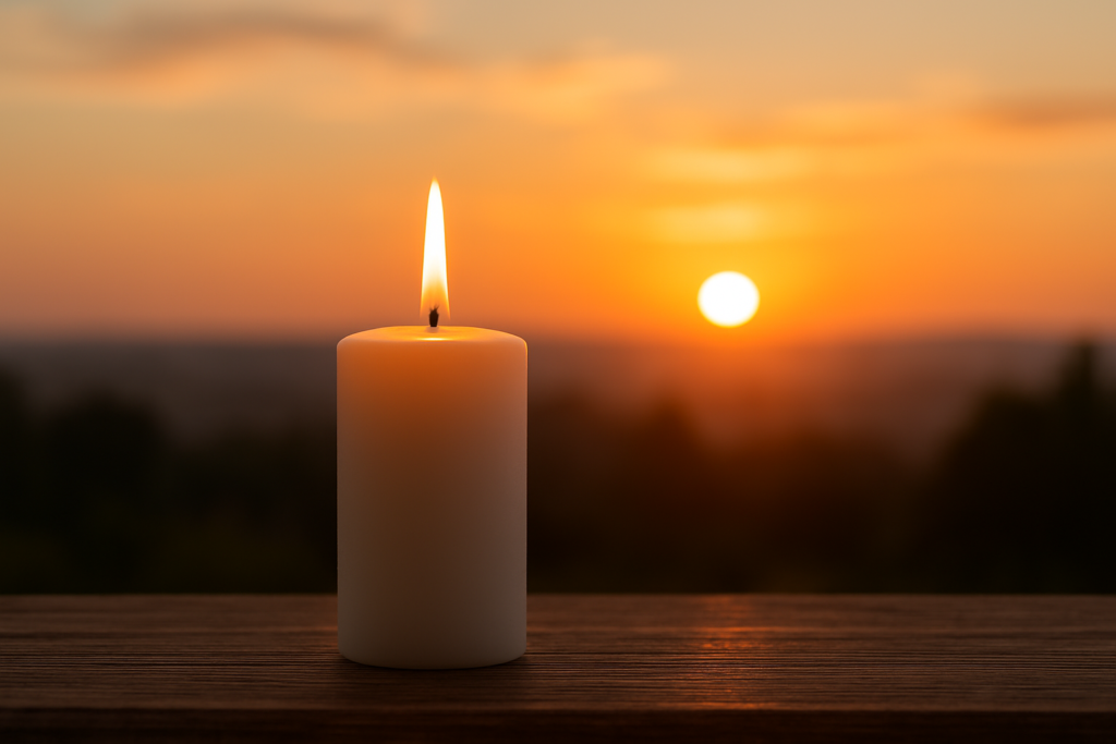 White candle burning in a peaceful morning setting, representing new beginnings and energetic rebirth.