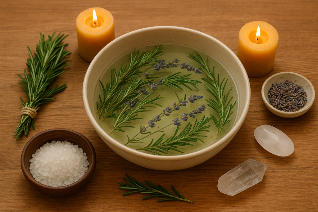 Herbal spiritual bath with rosemary, lavender, crystals, and candles for energy cleansing and inner clarity.