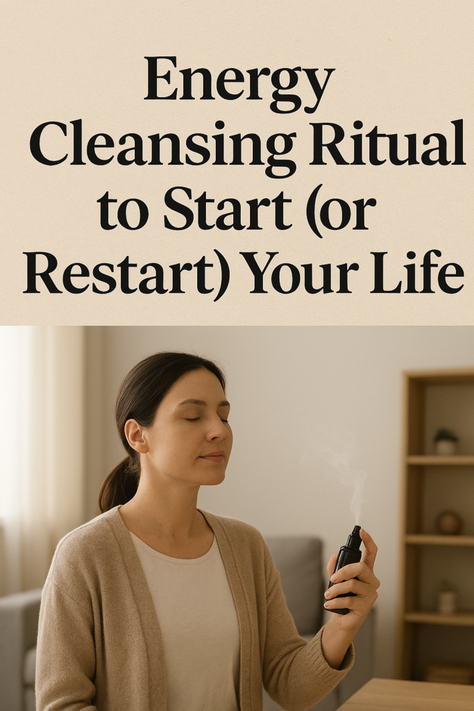 Woman using aromatherapy spray to cleanse the home, symbolizing renewal, clarity, and emotional balance.